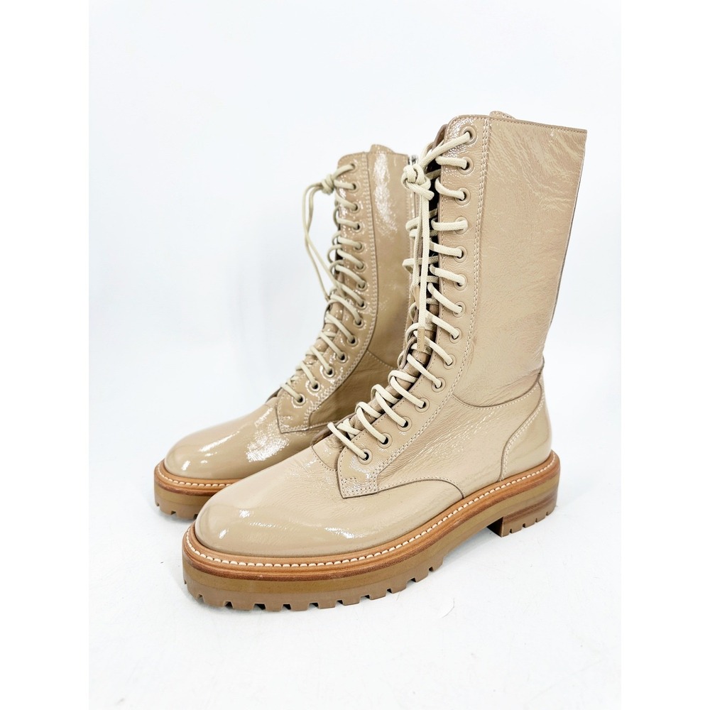 Jimmy Choo Cora Combat Boots 39.5 Beige Patent Leather Lug Sole Luxury Designer - Picture 2 of 14